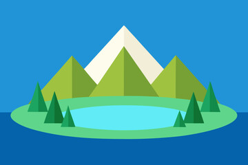 Fototapeta premium Stylized geometric mountain landscape with a serene lake and pine trees