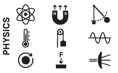 A set of 8 black and white icons related to physics.