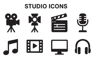 a set of 4 black and white icons related to studio activities