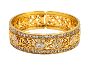 Hyperrealistic stack of thin gold bangles with intricate design, isolated PNG