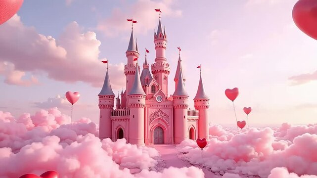 Whimsical pink castle floats dreamily among soft clouds and heart balloons.