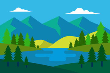 Fototapeta premium Flat design landscape with mountains lake and pine trees under a blue sky