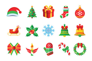 Christmas holiday icon collection with festive tree gift sock sleigh bell mitten wreath and winter item