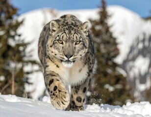 Snow leopard striding on snowy mountain