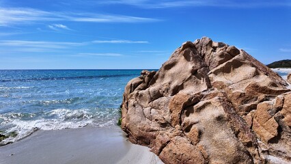 view of Berchida beach south of Siniscola, in the Baronie territory on the east coast of Sardinia island is known as one of the most beautiful beaches in the Mediterranean for its purest waters