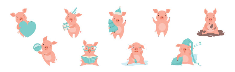 Fototapeta premium Funny Pigs Pink Character with Cute Snout in Different Activity Vector Set