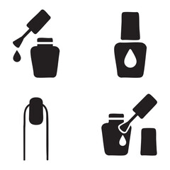 Black and white icons showing the manicure process, nail polish, nail polish brushes, and nails with nail polish applied.