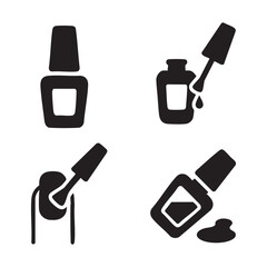 Black and white icons showing the manicure process, nail polish, nail polish brushes, and nails with nail polish applied.