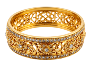 Hyperrealistic stack of thin gold bangles with intricate design, isolated PNG