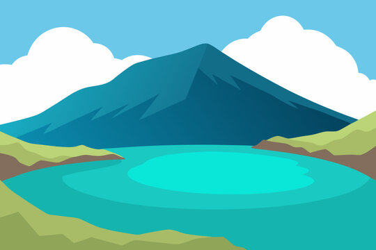 Serene mountain lake with rolling hills and fluffy clouds under blue sky
