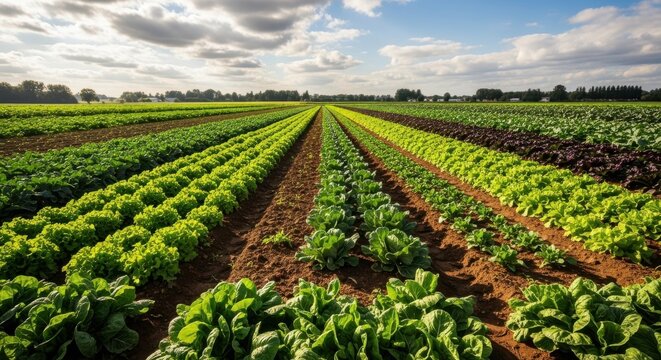 Expansive rows of vibrant green crops stretching towards a dramatic cloudy sky white background