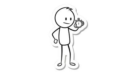 Stick Figure Holding Clock, Anxious Expression, Time Management Concept, Isolated White Background.