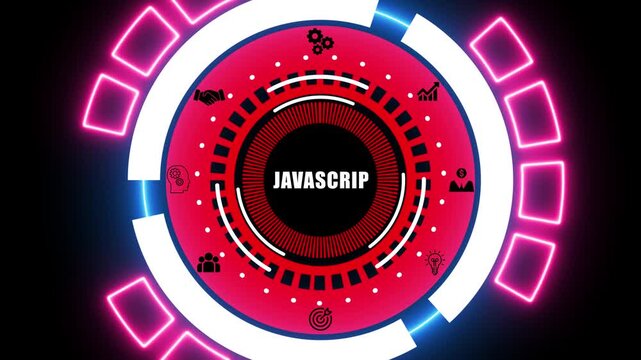 Futuristic Circular Interface with Javascript Text and Technology Icons Keywords: Javascript, technology, programming, coding, software, development, computer, digital