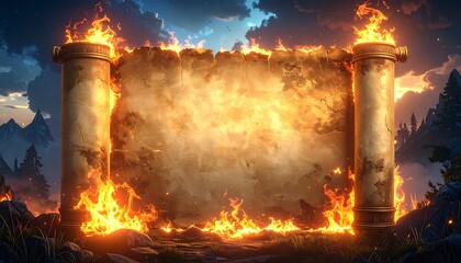 A digital illustration depicts a parchment scroll enveloped in flames, set against a twilight mountain scene. Two pillars frame the burning scroll, creating a dramatic fantasy look