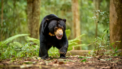 Sun Bear Strolling Through the Verdant Forest Floor A Glimpse into the Life of This Elusive Creature in Its Natural Environment in the Depths of Borneo