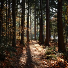 Obraz premium Sunlit forest path in autumn