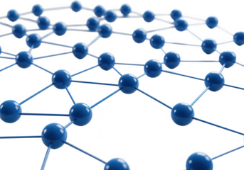 Abstract network of interconnected blue spheres and white lines isolated on transparent background