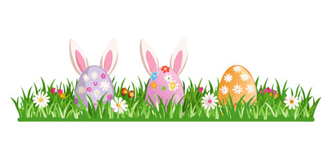 Easter bunny ears with easter eggs on meadow with flowers background banner transparent.
