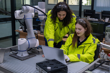 Technology and teamwork drive innovation in a robotics training facility with students working together