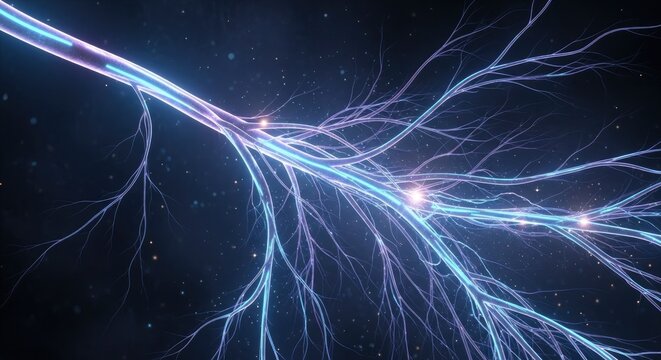 A luminous branching network of blue and purple translucent structures glows against a dark particulate background with bright energy points along its paths