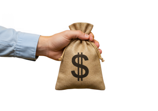 Hand holding a burlap money bag with a dollar sign isolated on transparent background