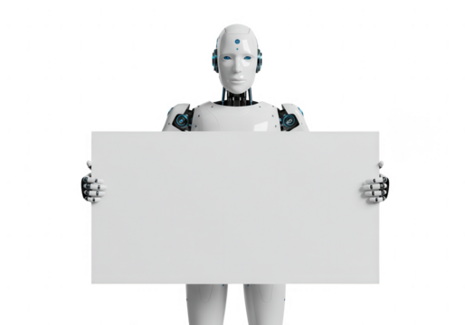 Humanoid robot holding a blank white sign for your message isolated on transparent background
