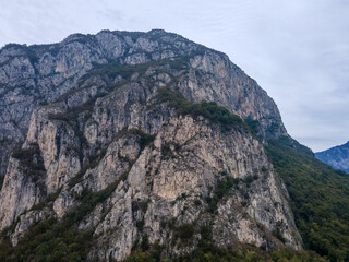 Aerial nature landscape near Lecco Lake Como Italian Alps overcast fall day in Lombardy