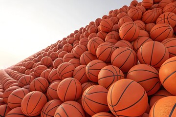 3d rendering of many orang basketball balls lying inan endless pile seen from he top.