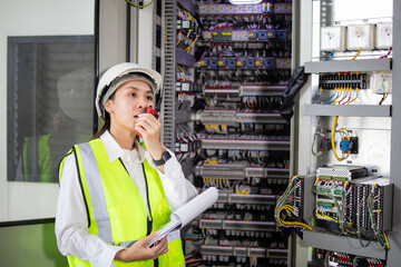 Female engineer in high visibility vest and hard hat conducts inspection at electrical substation...