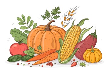 Autumn vegetables isolatedon white background. Seasoal Harvest composition wit natural healthy food. Colrful hand drawn illustratin in cartoon style.