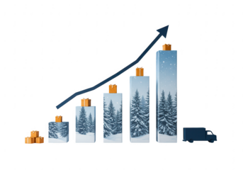 Christmas tree scented candles arranged in a growing bar graph with an upward trend arrow isolated on transparent background