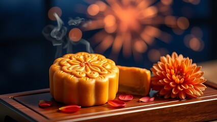 Artisanal mooncake with floral imprint on lacquered tray with chrysanthemum petals, symbolizing cultural food heritage and traditional craftsmanship, ideal for cultural tourism and artisan food market