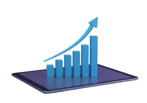 3d blue bar graph with upward trending arrow on a tablet screen isolated on transparent background