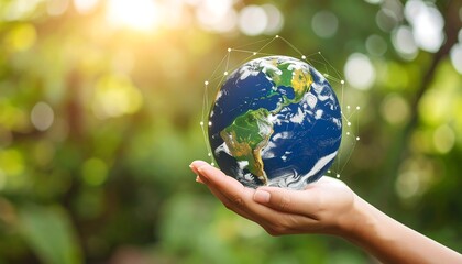 A hand cradles a miniature Earth, connected by a network of glowing lines. The background is a blurred, sunlit forest, evoking environmental consciousness and global interconnectedness