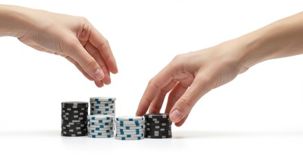 Hands Playing with Casino Chips Stacks on White Background