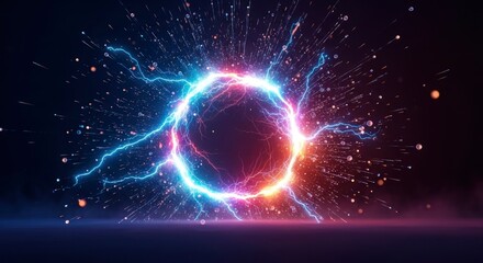 A luminous colorful energy ring with electrical arcs radiates light and particles in a dark mysterious space creating a dynamic effect