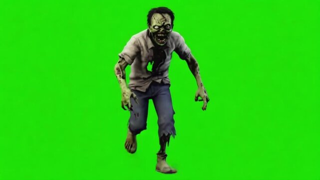 A zombie with torn clothes walking on a green screen background in a scary and menacing way green screen video