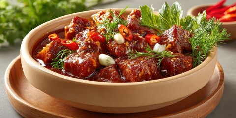 A hot and sour Thai tamarind curry served in a traditional bowl, with fresh herbs and chili garnish. The rich, bold flavors of tamarind combine with the heat of the chili for an exciting meal.