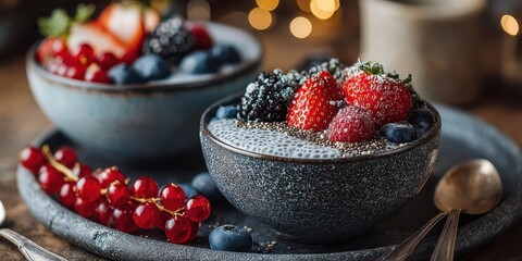 Bright aesthetic smoothie bowls with vibrant superfoods like berries and chia seeds, photographed in a cozy setting.