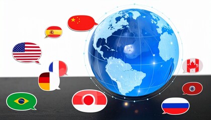 Obraz premium Global Communication Concept with Earth Globe and Speech Bubbles Featuring National Flags for Multilingual Messaging and International Connectivity