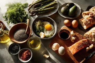 A curated assortment of clean-eating ingredients including vegetables, legumes, and grains arranged beautifully, ideal for promoting a flexitarian Mediterranean diet.