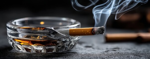 A classic ashtray with a burning cigarette and thick smoke rising, illustrating the habitual nature of smoking and the effort required to stop.