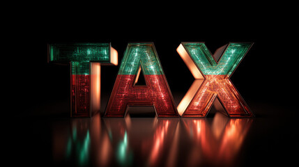 Illuminated TAX Sign: Green and Red Glow on Black Background