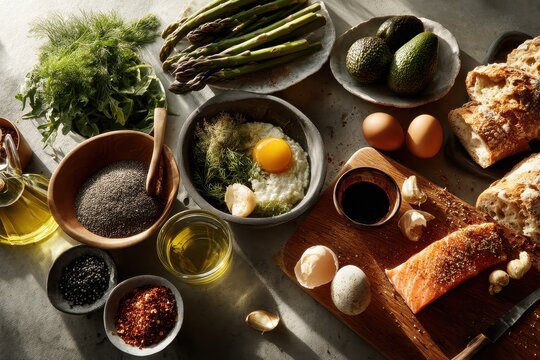A curated assortment of clean-eating ingredients including vegetables, legumes, and grains arranged beautifully, ideal for promoting a flexitarian Mediterranean diet.