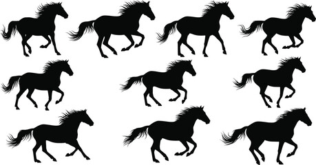 Silhouette Vector of Galloping Horse Animation Sequence for Motion Design, Graphic Projects, Horse Art, and Wildlife-Themed Illustrations