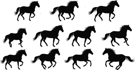 Silhouette Vector Illustration of Galloping Horses in Motion Sequence for Animation, Graphic Design, T-Shirts, and Wildlife Art Projects