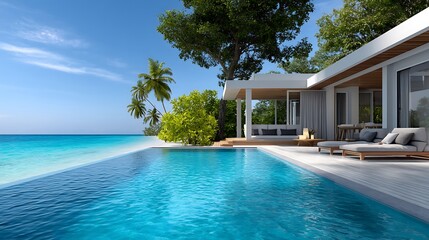 Fototapeta premium Tranquil Tropical Villa with Infinity Pool Overlooking Crystal Clear Ocean