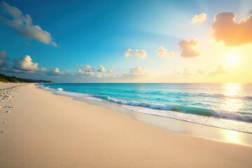 Obraz premium Endless horizon of pristine sandy beach stretching out to meet the calm ocean under a vibrant sky Perfect for travel, vacation, and summer themes , waves, coastal