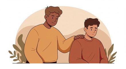 Fototapeta premium Supportive Man Comforting Sad Friend Brown Tones Illustration