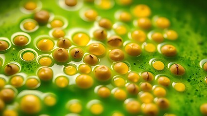 Glowing seeds suspended in vibrant green liquid, representing natural medicine trends and botanical healing therapies, suitable for wellness industry and alternative health marketing